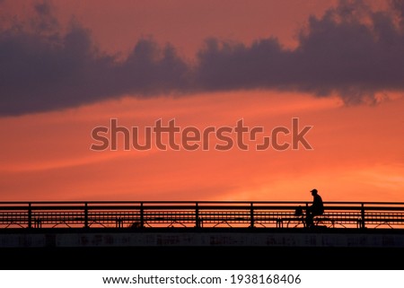 bicycle crossing the bridge. 

“Golden hour” dim light sky. 
blurred focus silhouette image. Japan・tokyo. 
