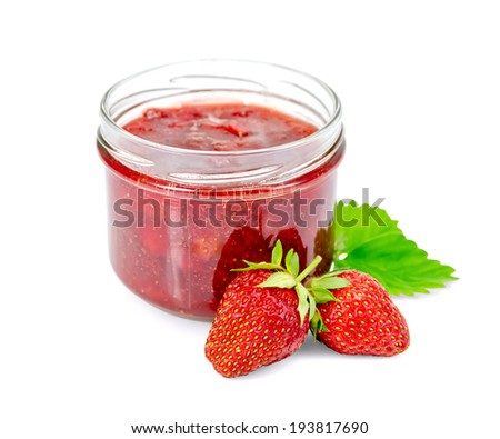 Strawberry jam in a glass jar, berry and leaf isolated on white background Royalty-Free Stock Photo #193817690