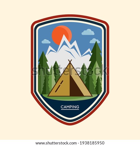 Summer camp badge with tent camping. Graphic scout logo emblem