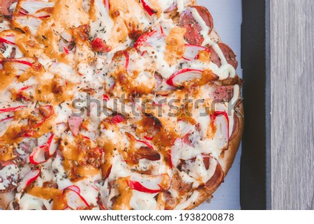 Blurred pizza food on top view close up