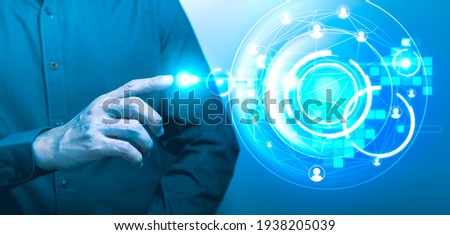 Businessman pointing computing network to connecting data information. Panoramic of wireless internet network technology and Social Media