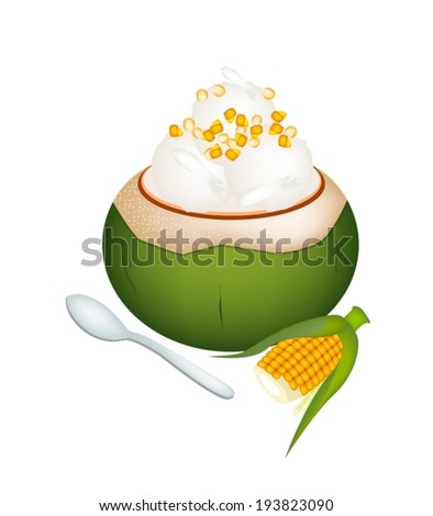Sweet Food and Dessert, An Illustration of Coconut Ice Cream in Coconut Shell and Topped with Sweetcorns. 