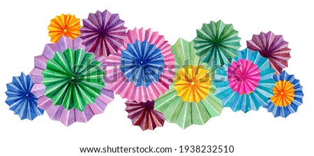 Watercolor illustration. Hand-drawn colored paper fans on a white background. Border for text decoration.