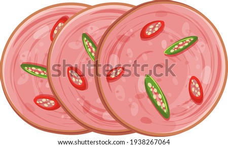 Sliced bologna sausage with chili isolated illustration