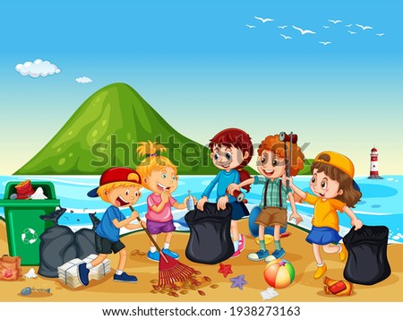 Beach scene with a group of children cleaning beach illustration