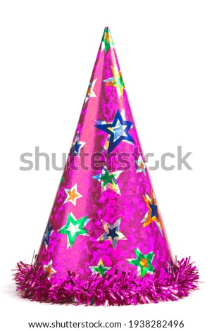 Colorful shiny party hat with the stars and fringe isolated on white background