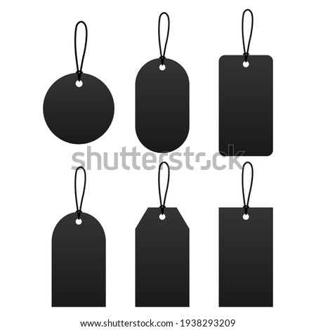 Blank black paper price tags or gift tags of various shapes. Discount tags icon shapes of various shapes with rope for store. Royalty-Free Stock Photo #1938293209