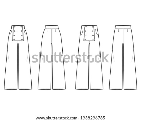 Set of Pants sailor technical fashion illustration with low normal low waist, high rise, full length, pockets, front buttons. Flat trousers bottom apparel template back, white color. Women CAD mockup