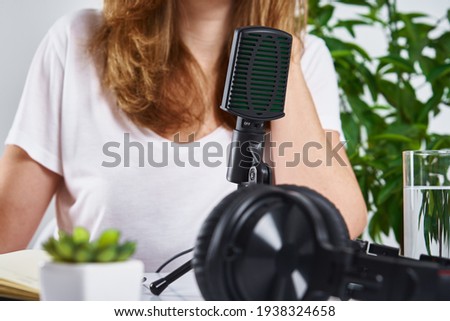 Podcast concept. Woman recording online course