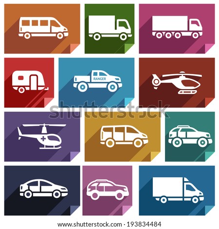 Transport flat icons with shadow, stickers square shapes, retro colors - Set 03