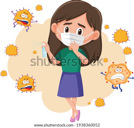 A girl wearing mask with virus fly around isolated illustration