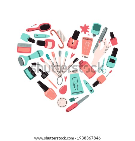 Manicure tools heart-shaped kit. Accessories, equipment set: nail polish, file, scissors, hand cream, electric drill, UV lamp, Cuticle nipper, etc. Doodle vector illustration