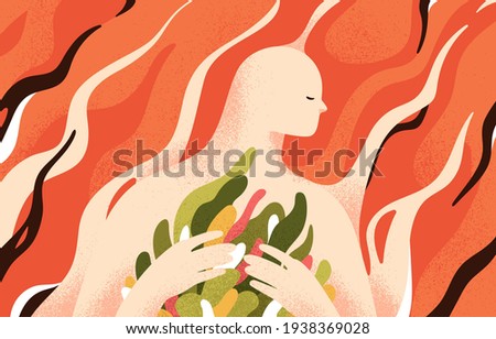 Psychology concept of mental health, soul recovery, self-care and inner world cultivation. Development of love in yourself and overcoming personal problems. Colored flat textured vector illustration Royalty-Free Stock Photo #1938369028