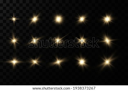 Shining golden stars isolated on black background. Effects, glare, lines, glitter, explosion, golden light. Vector illustration Royalty-Free Stock Photo #1938373267