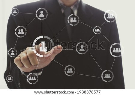 businessman hand showing search engine  Social network structure  connections