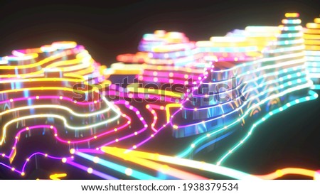 Colorful urban background, big data, geometric structure, wavy, cyber safety, quantum computer, storage, virtual reality, futuristic pink yellow neon light. 3d rendering