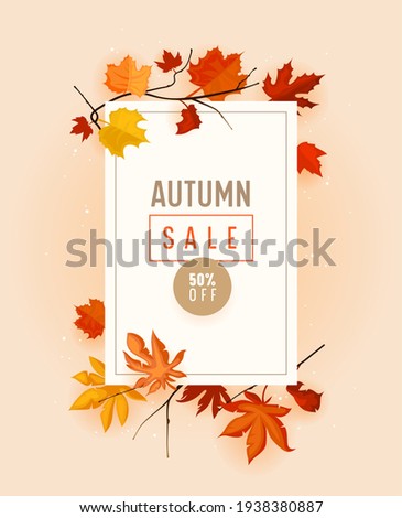 Autumn Sale Promo Banner with Fall Foliage on Pink Background. Seasonal Shop Discount Offer with Red and Orange Leaves of Maple, Sale, Price Off Poster or Voucher Design. Cartoon Vector Illustration Royalty-Free Stock Photo #1938380887
