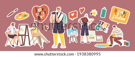Set of Stickers Street Artist Theme. Man Painting Portrait of Girl Sitting in Front of Easel. Painter Holding Brush, Drawing on Asphalt. Outdoor Creative Hobby, Art. Cartoon People Vector Illustration