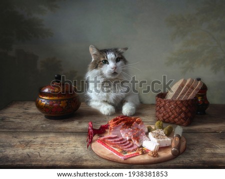 A cute fluffy cat sits at a table with food.