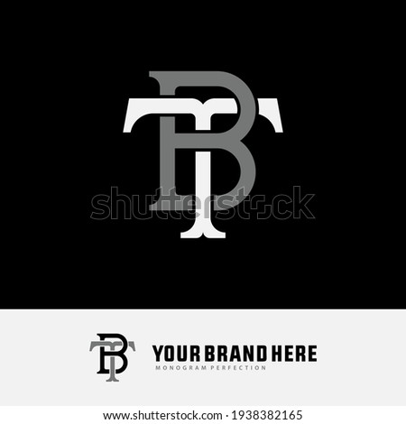 Initial letters T, B, TB or BT overlapping, interlock, monogram logo, white and gray color on black background