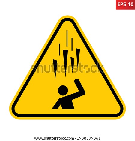 Caution falling ice spikes sign. Vector illustration of yellow triangle warning sign with human figure underneath falling ice. Risk of injury from icicles. Avoid areas where ice falls. Dangerous zone. Royalty-Free Stock Photo #1938399361