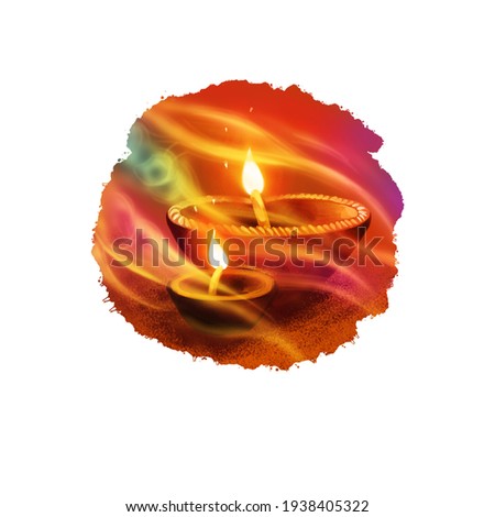Happy Diwali digital art illustration isolated on white background. Indian festival of lights. Deepavali hand drawn graphic clip art drawing for web, print. Decorative oil lamp with bright flame