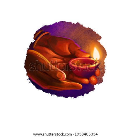 Happy Diwali digital art illustration isolated on white background. Indian festival of lights. Deepavali hand drawn graphic clip art drawing for web, print. Decorative oil lamp with bright flame