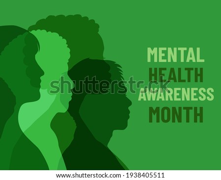 Mental Health Awareness Month. Poster with different people on green background Royalty-Free Stock Photo #1938405511