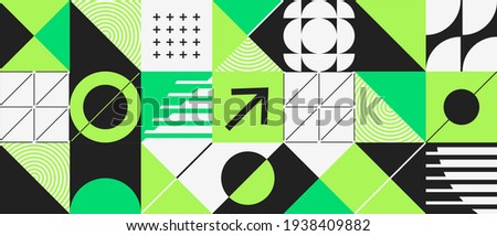Modern abstract  background with geometric shapes and halftone textures. Minimalistic geometric pattern in Scandinavian style. Trendy vector graphic elements for your unique design.