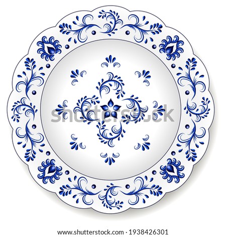 Porcelain plate with oriental blue on white abstract floral ornament in traditional China design style. Isolated object on white background, vector illustration