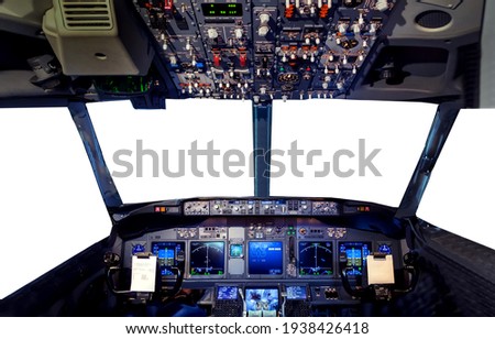 Aircraft simulator Flight Deck cockpit hud Radar screen. Window Empty blank isolated white background with copy space and display montage for product. Royalty-Free Stock Photo #1938426418