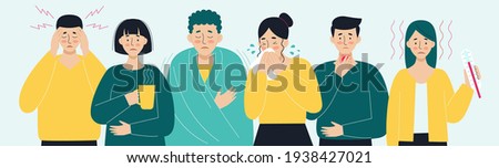 A set of sick people. Virus, headache, fever, cough, runny nose. The concept of viral diseases, coronavirus, epidemics, covid-19, colds. Illustration in flat style Royalty-Free Stock Photo #1938427021