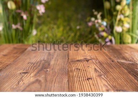 Rustic table background of free space. Shallow depth of focus. Easter theme. 