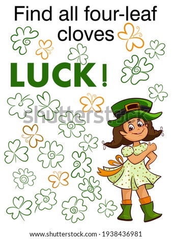 Vector coloring page for kids with girl in green hat butterfly clover leaf and lettring Luck