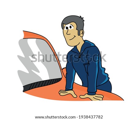 Automotive mechanic cute character smiling leaning on the hood of a red car. Profession, professional. Cartoon style vector illustration isolated on white background.