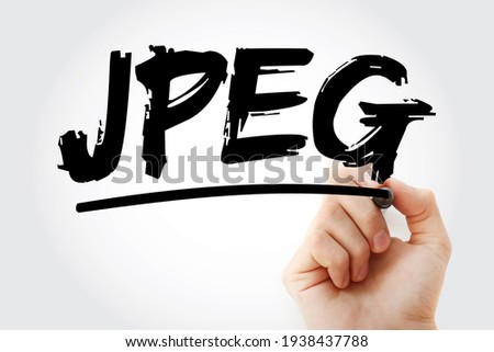 JPEG Joint Photographic Experts Group is an group of experts that develops and maintains standards for a suite of compression algorithms for computer image files, acronym text with marker Royalty-Free Stock Photo #1938437788