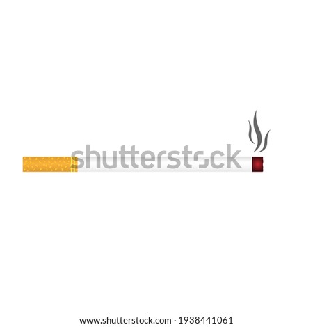 Vector illustration of a burning cigarette with a yellow filter on a white isolated background. Flat realistic design. For various purposes of design.