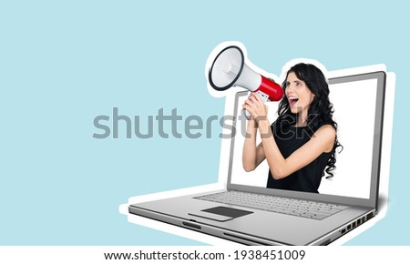 Shouting out a person with a megaphone in laptop. Modern design, contemporary art collage.