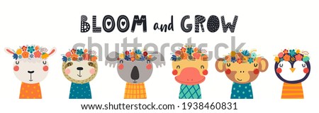 Cute funny animal faces in flower crowns, floral wreathes, isolated on white. Hand drawn vector illustration. Scandinavian style flat design. Concept for kids fashion print, banner, poster, card.