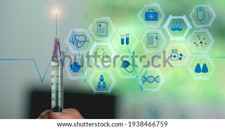 Syringes and technology icons, Modern investment ideas Of people in the digital age, medical technology, and futuristic concept.