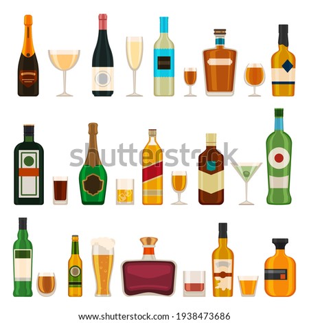Alcoholic bottles and glasses. Alcohol cocktail drinks, champagne, beer, brandy and martini, gin and cognac. Bar menu flat vector icons set Royalty-Free Stock Photo #1938473686