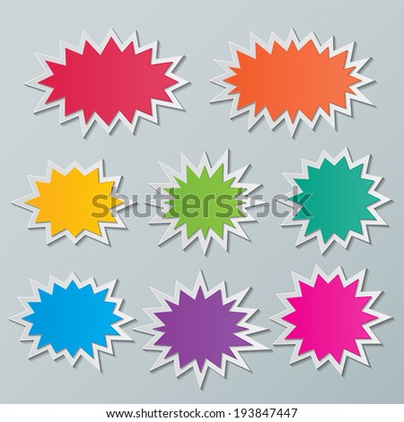 set of blank colorful paper starburst speech bubbles. vector.