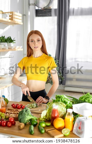 caucasian young woman healthy blogger doing salad