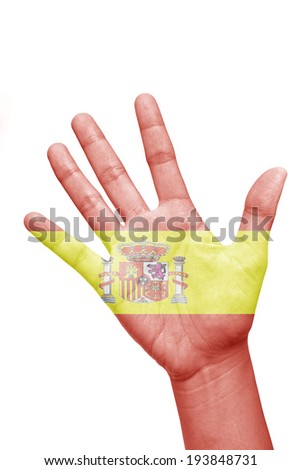 Open hand raised, multi purpose concept, Spain flag painted - isolated on white background 