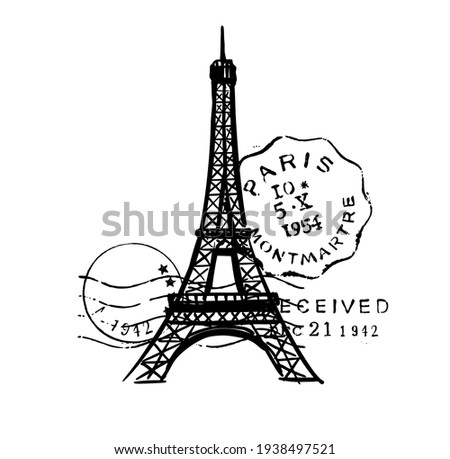 Sketch of Eiffel Tower with post stamps. Romantic symbol in France. Sightseeing landmark.