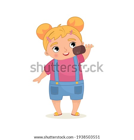 Cartoon illustration of a cute little girl eating ice cream. Summer collection.