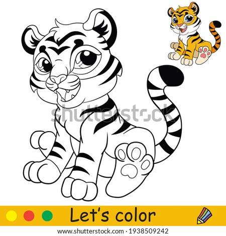 Cute sitting tiger. Cartoon character tiger. Coloring book page with colorful template. Vector contour isolated illustration. For coloring book, preschool education, print, stickers, design and game.