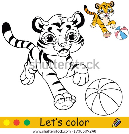 Cute tiger with ball. Cartoon character tiger. Coloring book page with colorful template. Vector contour isolated illustration. For coloring book, preschool education, print, stickers, design and game