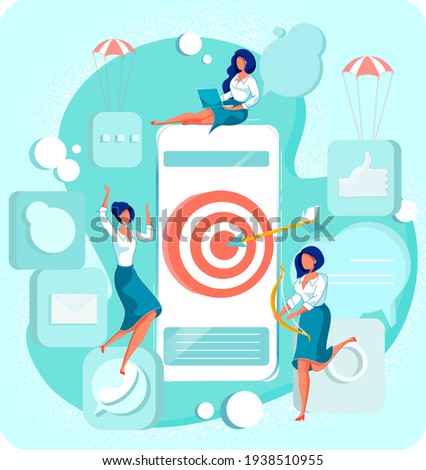 Direct Communication as Effective Social Media Marketing Tool. Professional Team Breaking Large Market into Smaller Segments to Reach Customers. Woman with Bow Aiming at Shooting Mark in Smartphone.