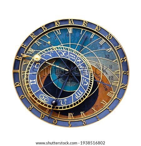 Old astronomical clock isolated on white. Prague astronomical clock at the Old Town City Hall from 1410 is the third oldest astronomical clock in the world.